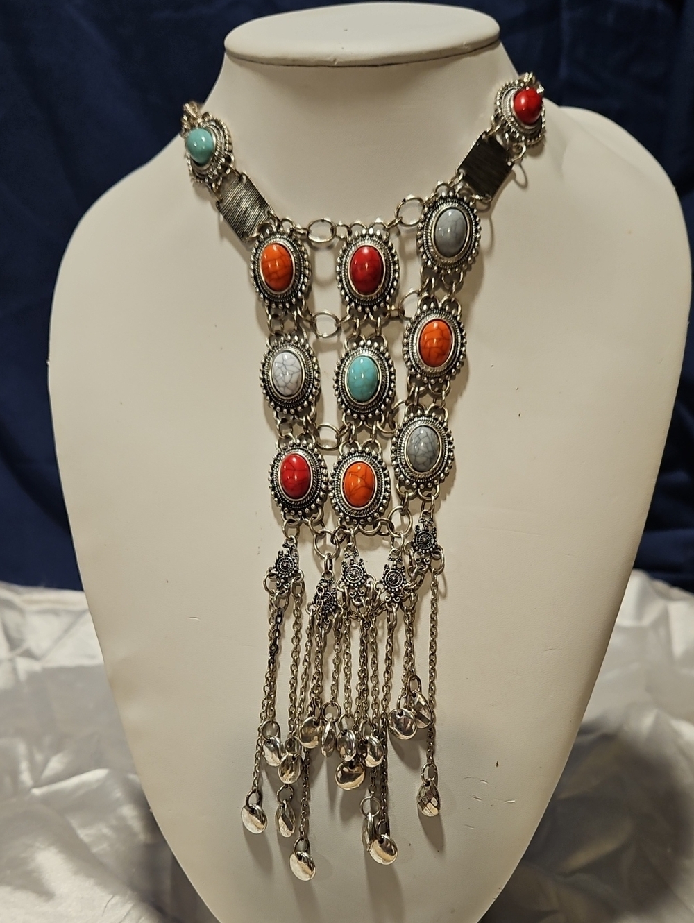 Cato Multicolor Stone Fringe Statement Necklace - Turquoise, Coral & Gray